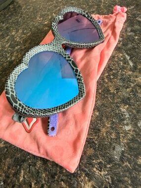Heart-Shaped Blue Mirrored Sunglasses with Gray Snake-Print Frame